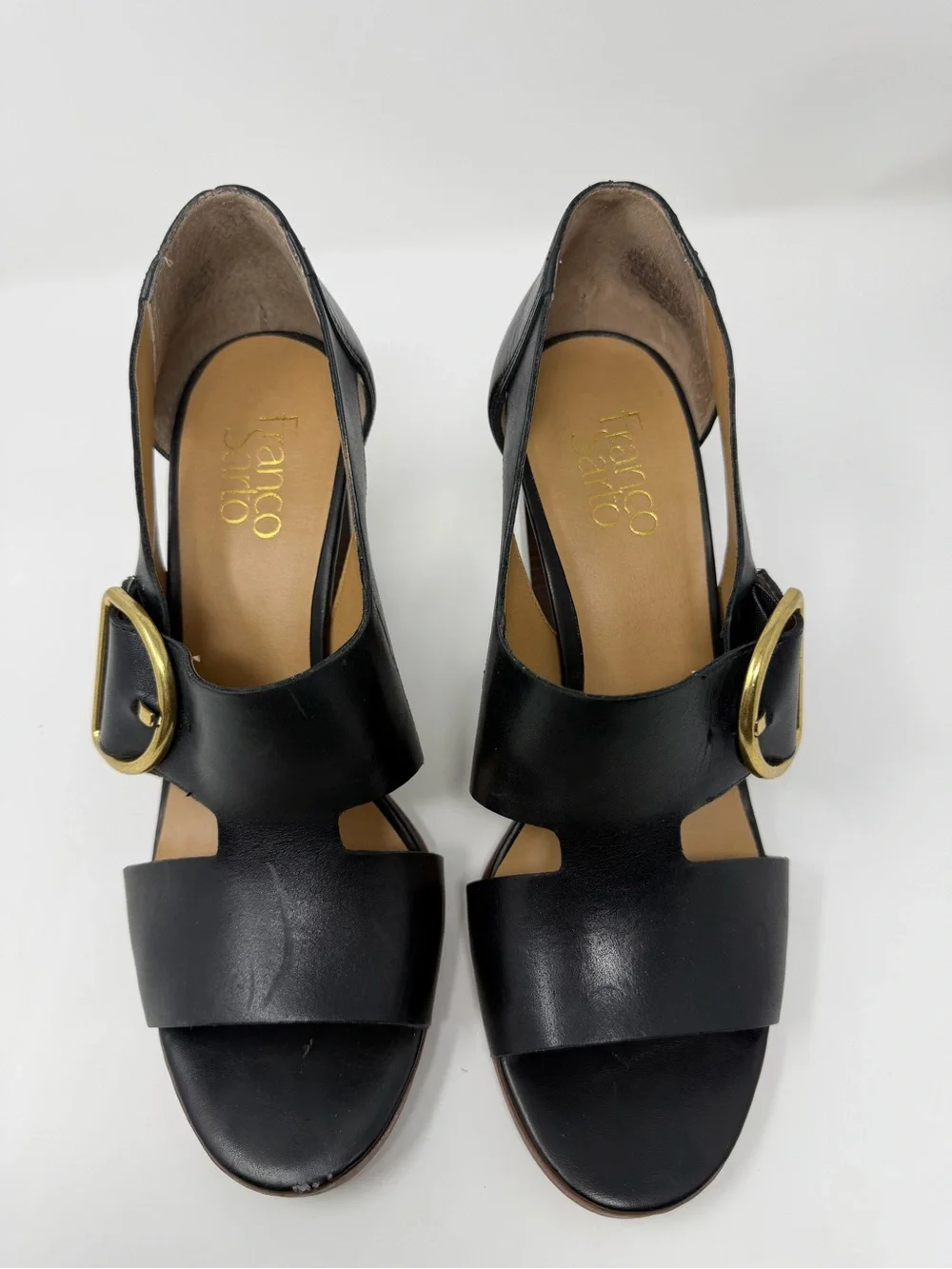 Franco Sarto Black Leather Open-Toe Block Heel Sandals with Gold Buckle Sz. 8.5